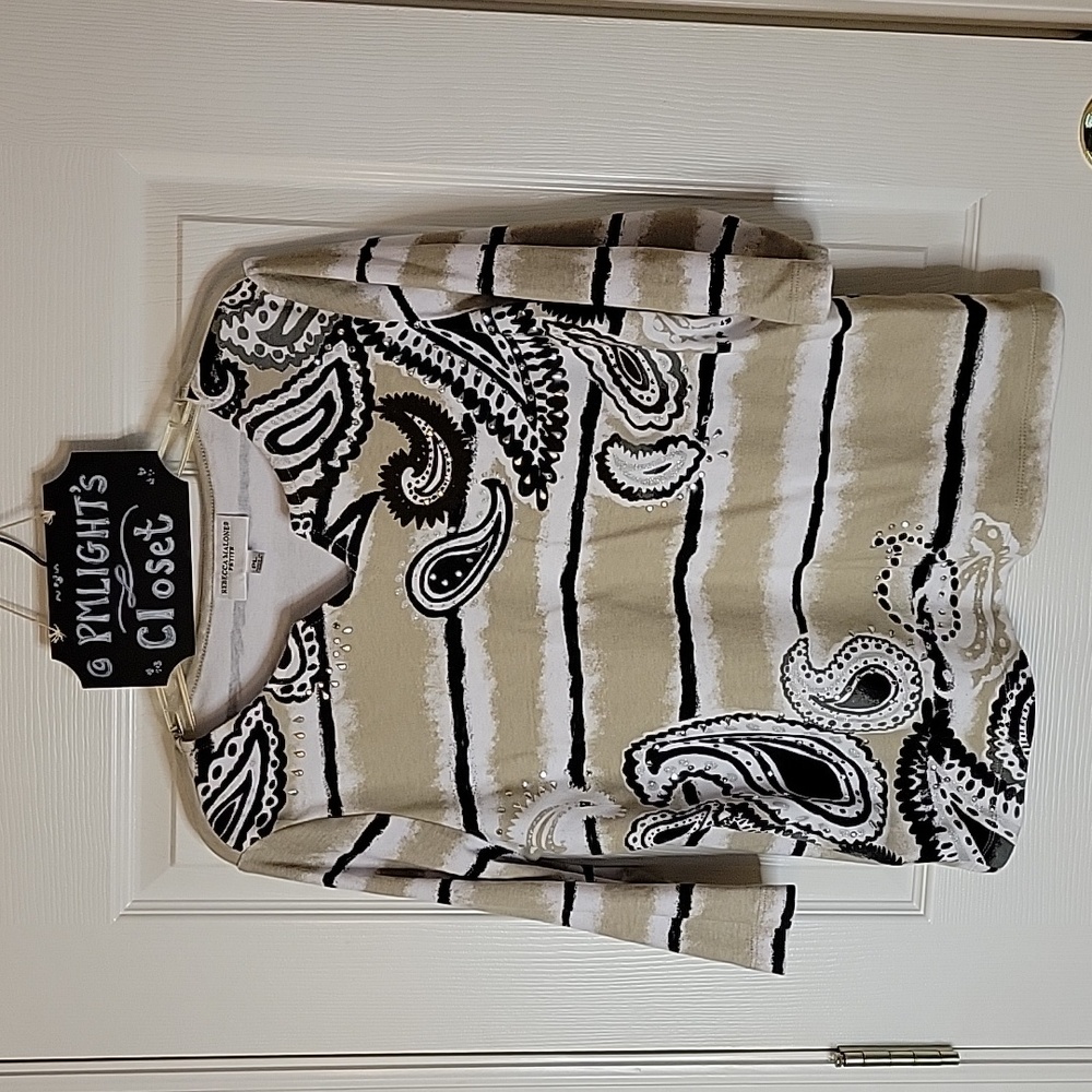 Rebecca Malone Petite Large Knit Blouse Tan Black Silver White